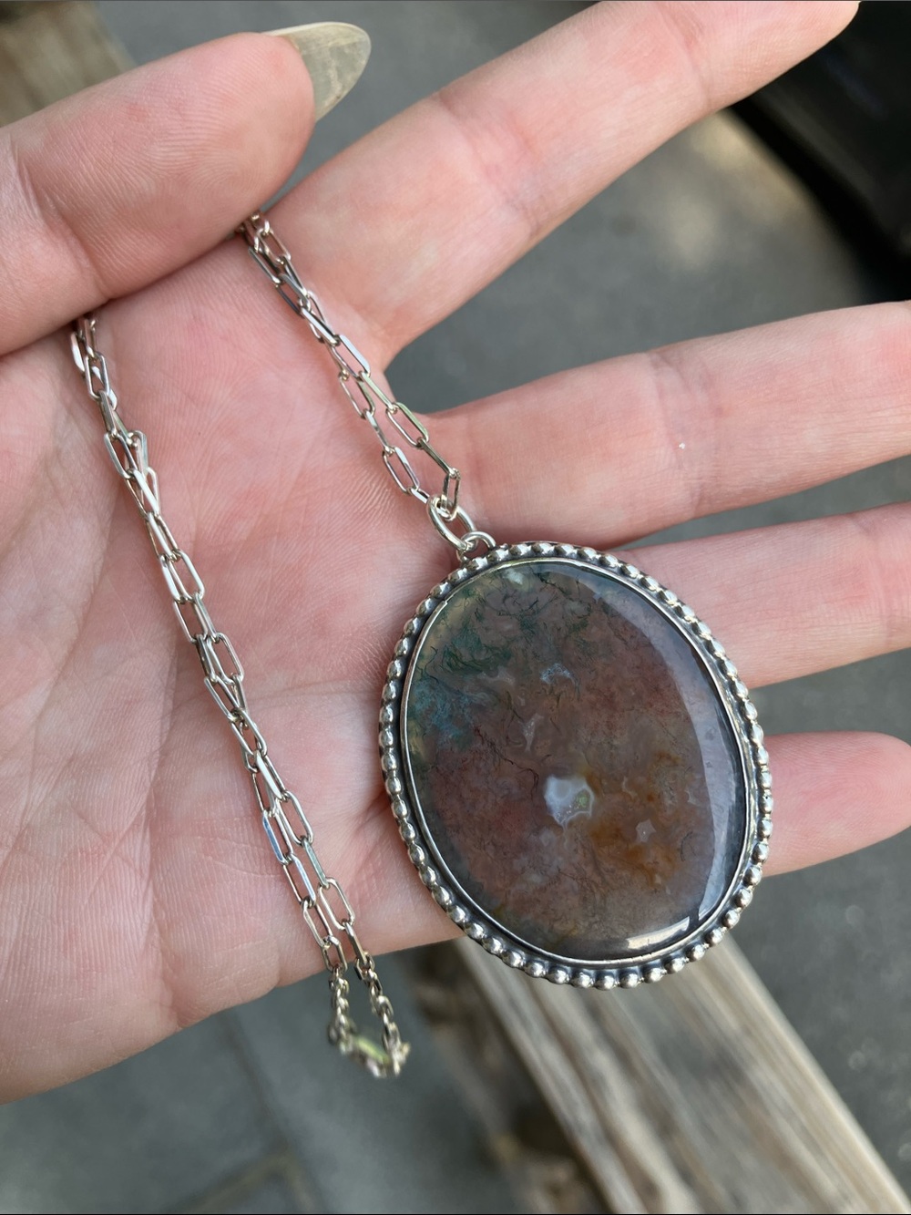 Moss agate pendant by fishing creek jewelry sterling silver